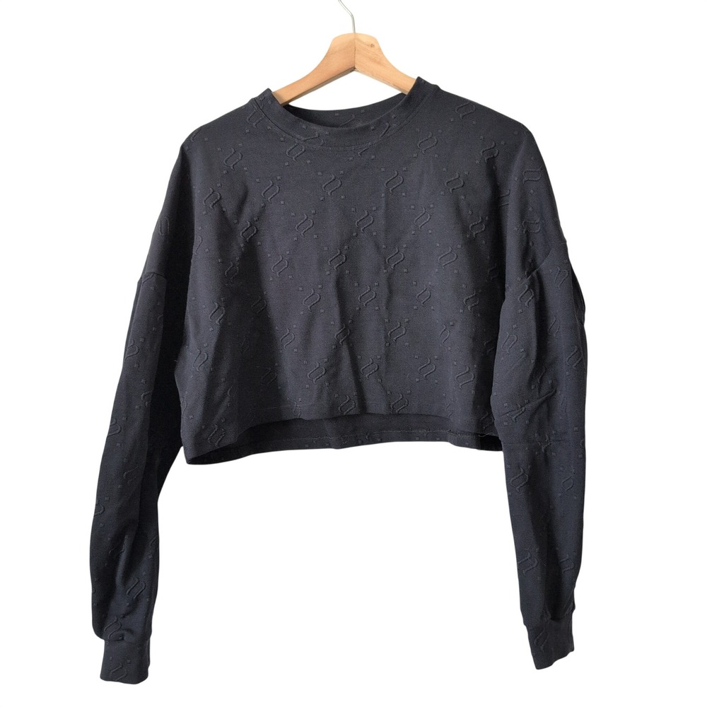 Noli Yoga Womens Black Embossed Logo‎ Cropped Sweatshirt Boxy Long Sleeve Large